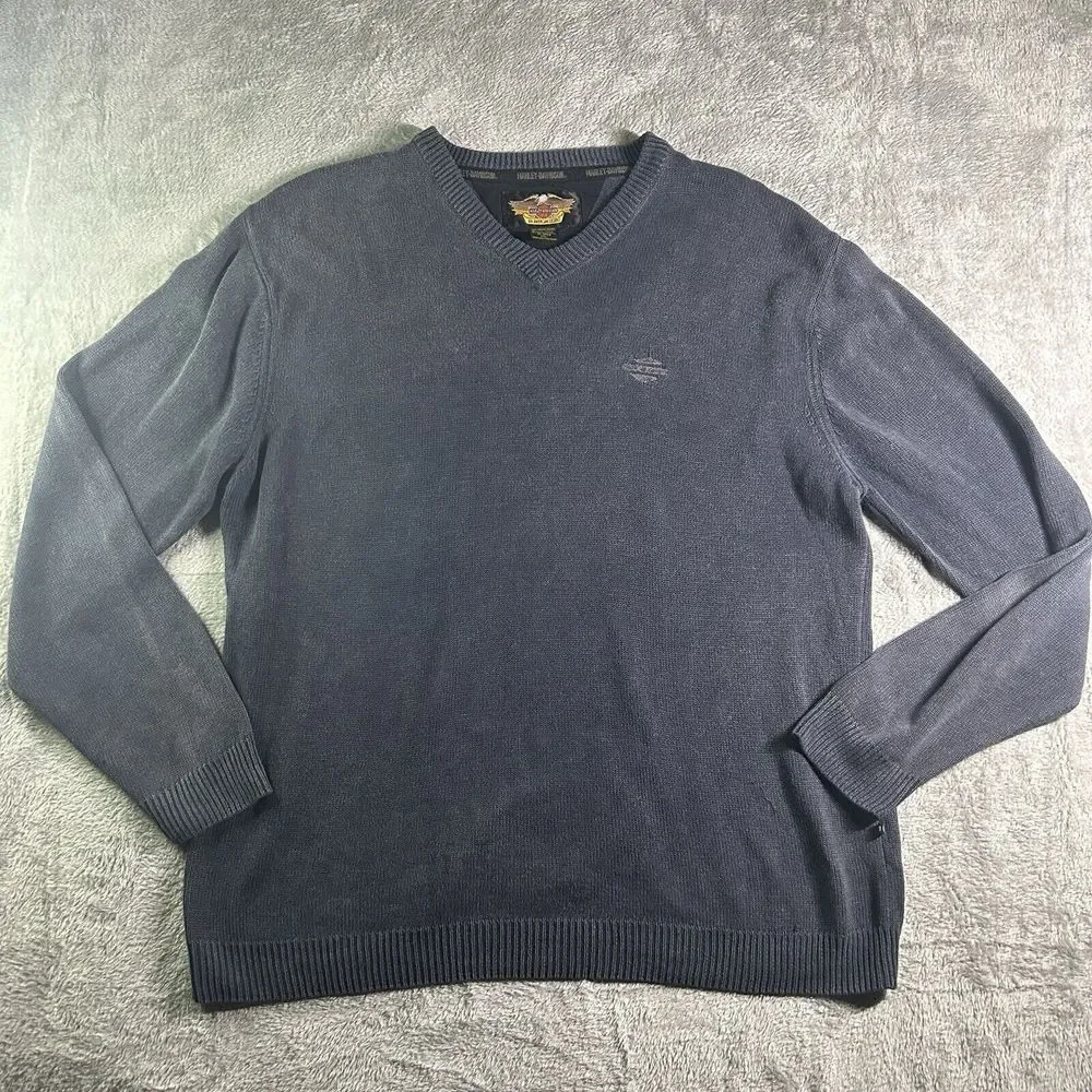 VTG Harley-Davidson Sweater Men's XL Gray Long Sleeve V-neck Ramie Cotton Blend